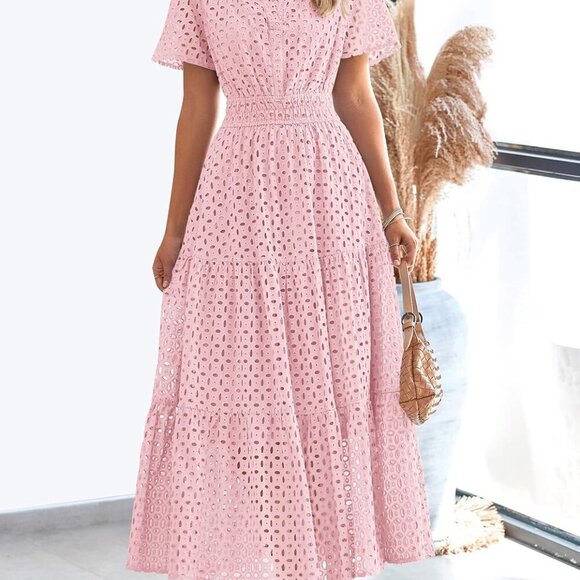 Womens 2025 Summer Maxi Dress Short Sleeve V Neck Hollow Out Eyelet A Line Long - Picture 5 of 7